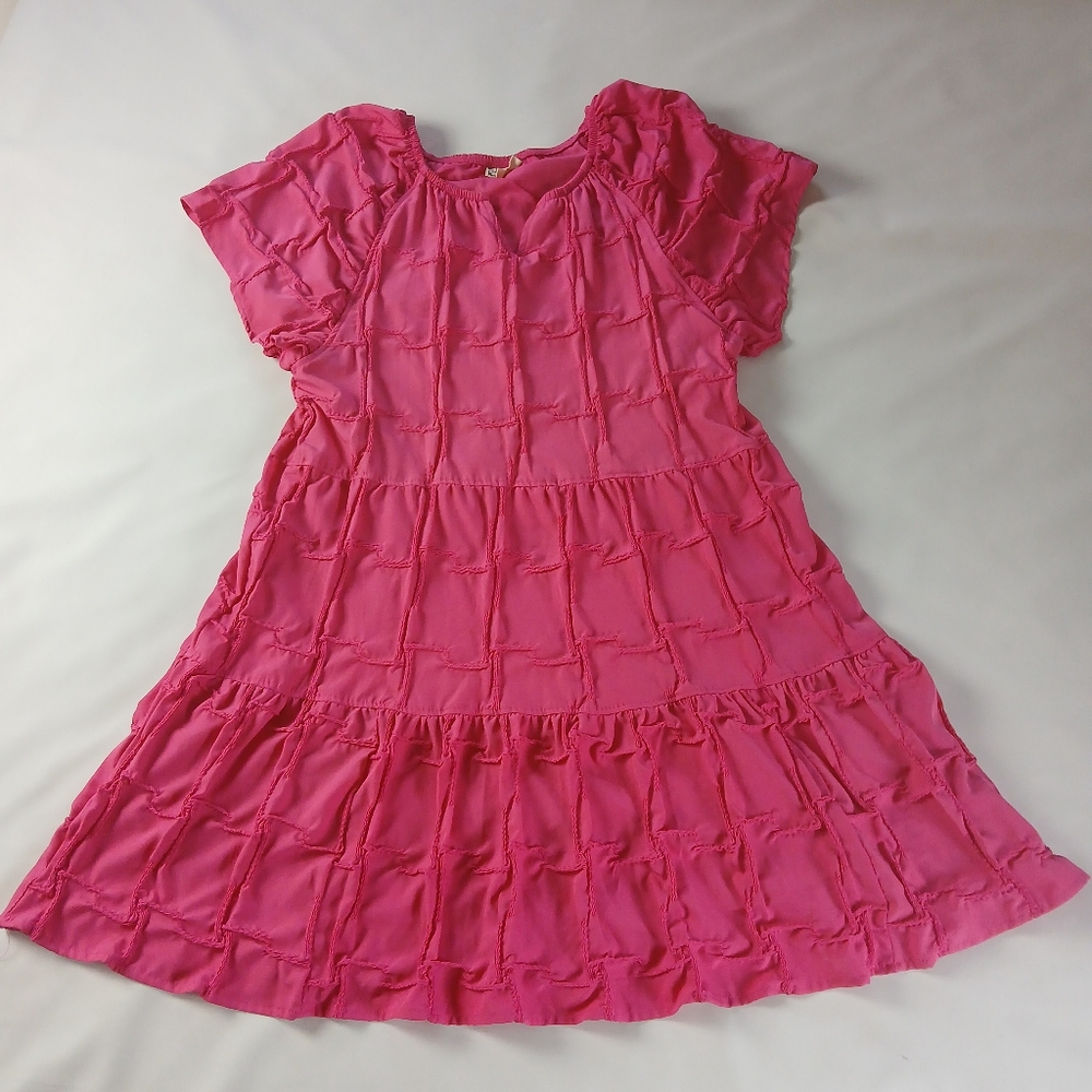 Cloth & Portrait Hot Pink Pintuck Short Sleeve Textured Dress